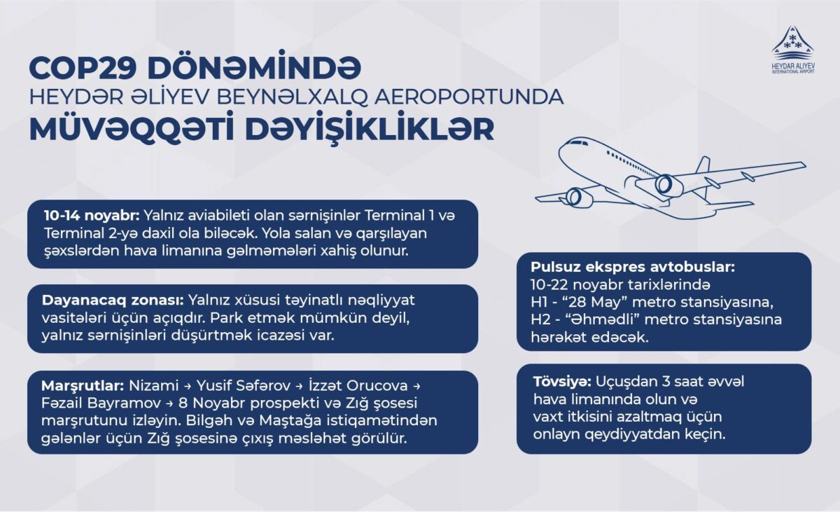 DİQQƏT: COP29 dönəmində Bakı hava limanının fəaliyyətində dəyişikliklər ediləcək