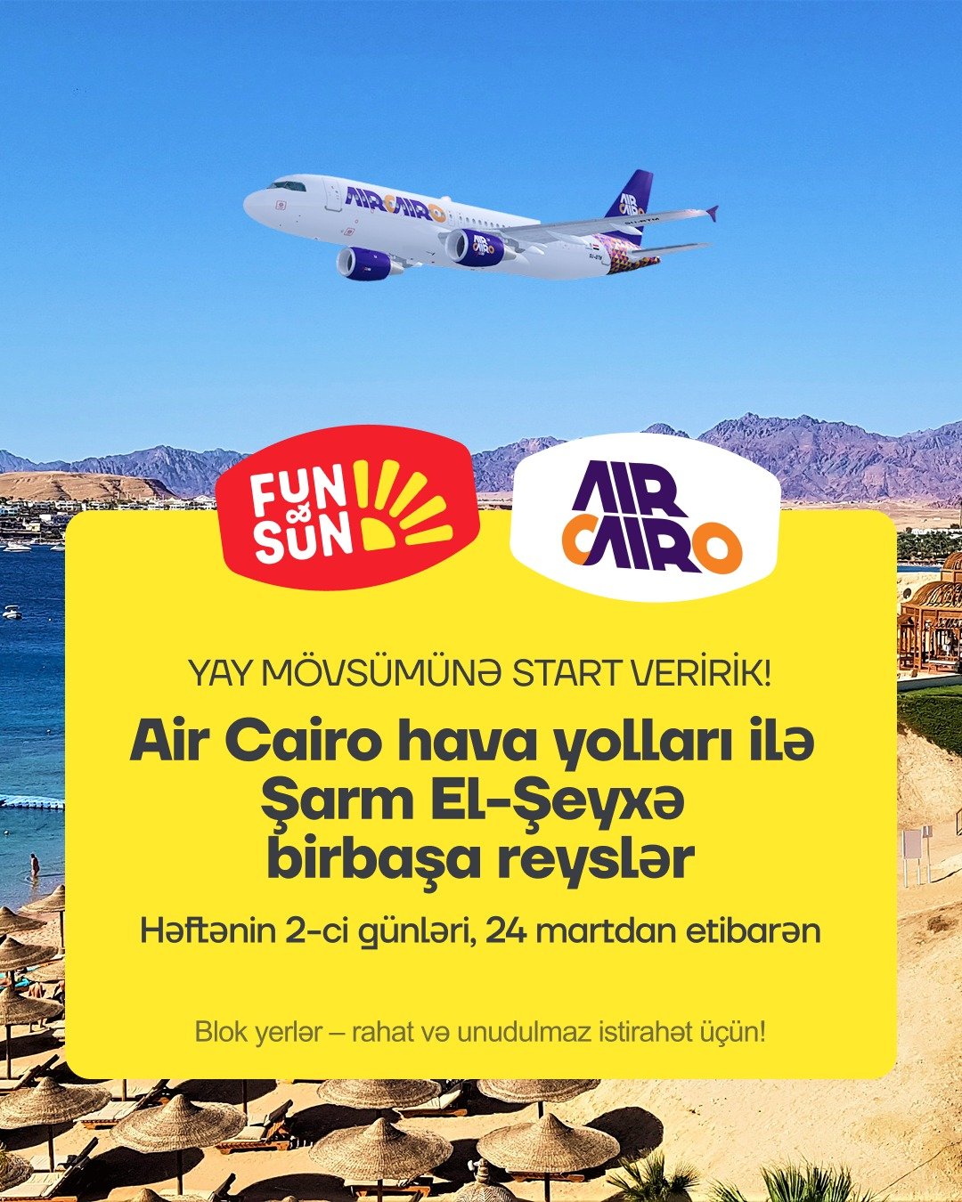 “Air Cairo” Şarm-əl-Şeyxə birbaşa uçacaq: “Fun&Sun”da blok yerlər